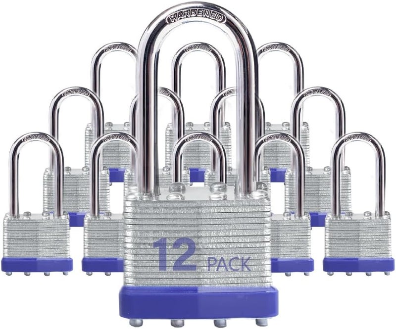 XanHen Laminated Steel Keyed Padlocks, 12 Pack, Blue, Keyed Alike, Long Shackle, 1-9/16" (40mm), For Hasp Latch, Sheds, Fences, Storage Locker, School, Gym - Image 1